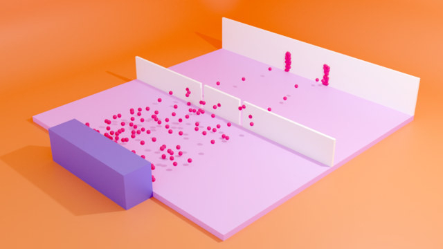 3D illustration of particles going through double slit